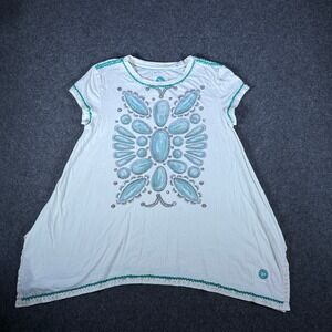 Double D Ranch Womens Cream Turquoise Graphic Studded Western Tunic Top Medium
